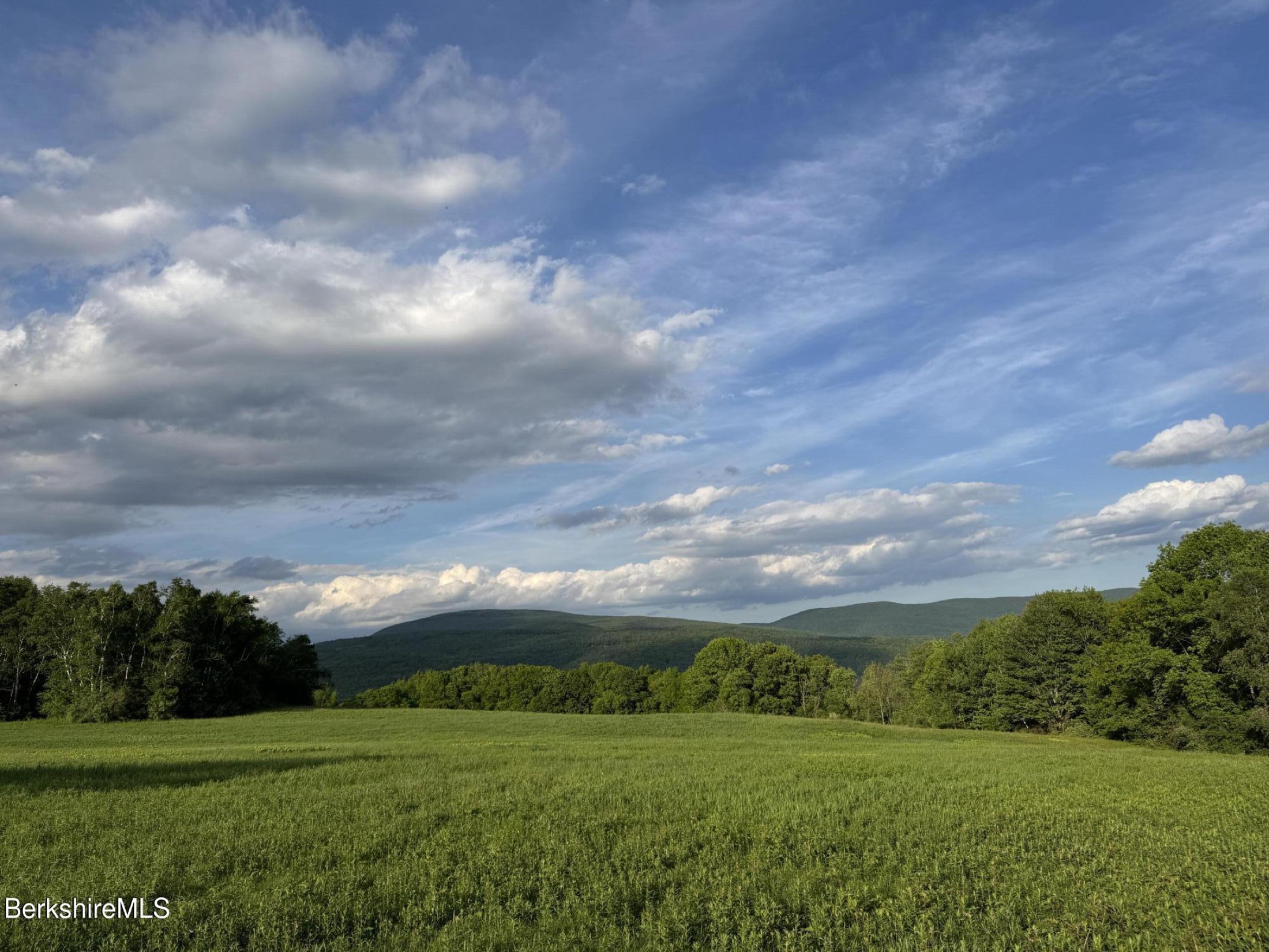 Wide summer view across the High Meadows Farm field toward distant blue-green Vermont mountains under scattered clouds