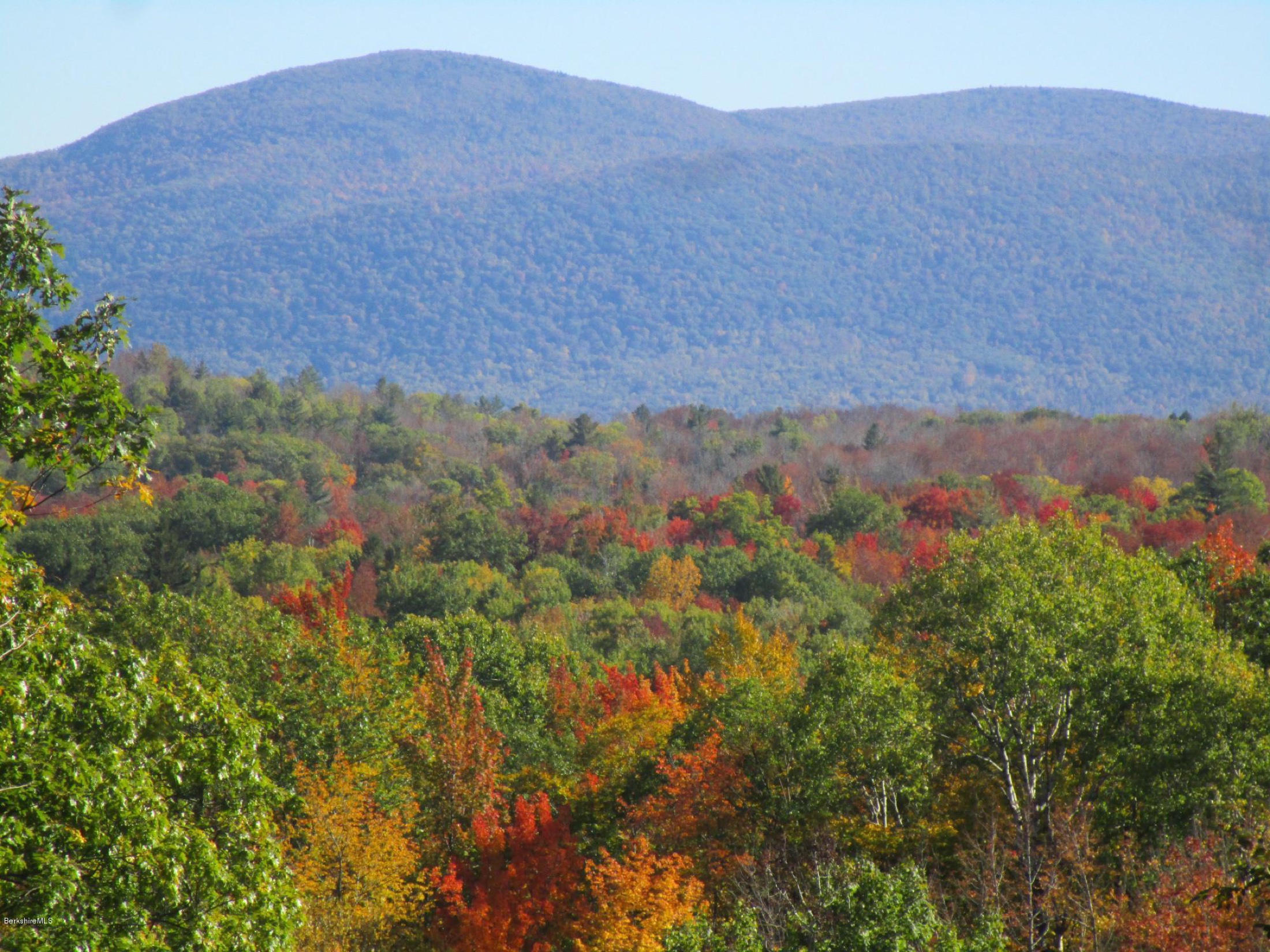 A large forested mountain dome rising close behind layers of vivid autumn treetops in oranges and golds at High Meadows Farm